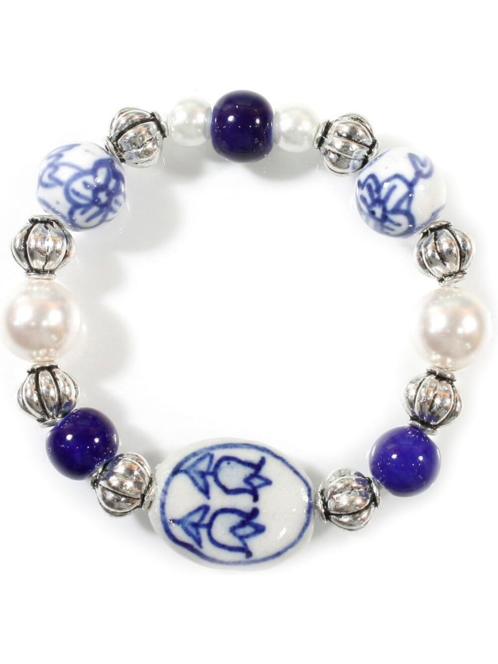 Blue and White Ceramic Bead Stretch Bracelet - Adjustable Sizes, Floral Design